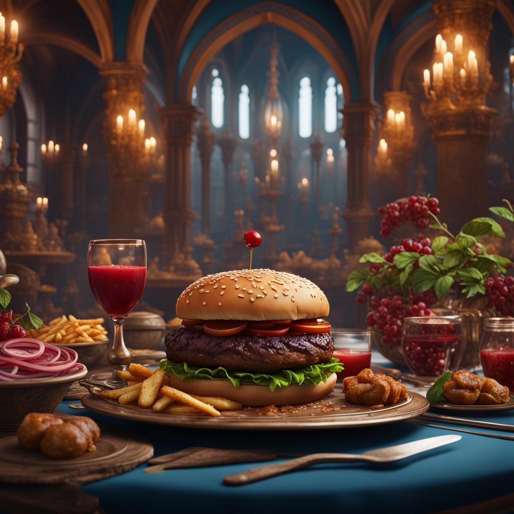 Delicious Hamburger on Table: Matte Painting in 8K