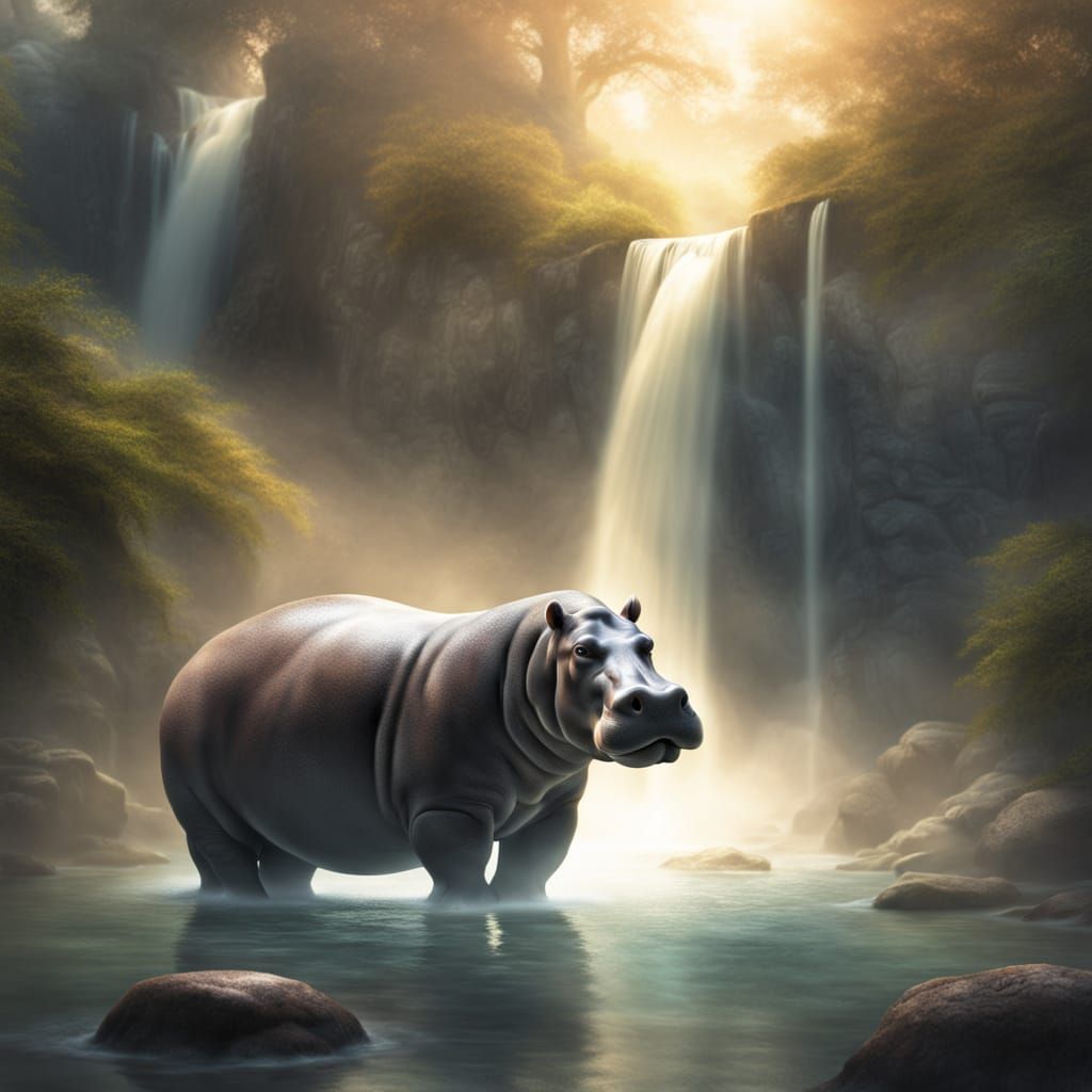 Ethereal Hippo Emerging from Dreamlike Waterfall