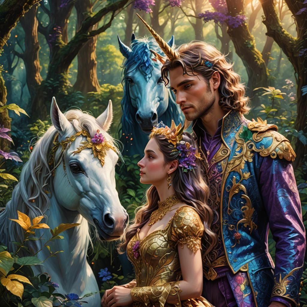 Fantasy Art: Unicorn, Lady, and Man in Forest