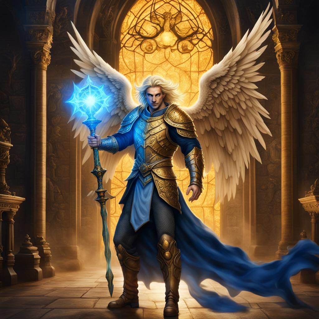 Male Angel in Castle Dining Room, Dark Fantasy
