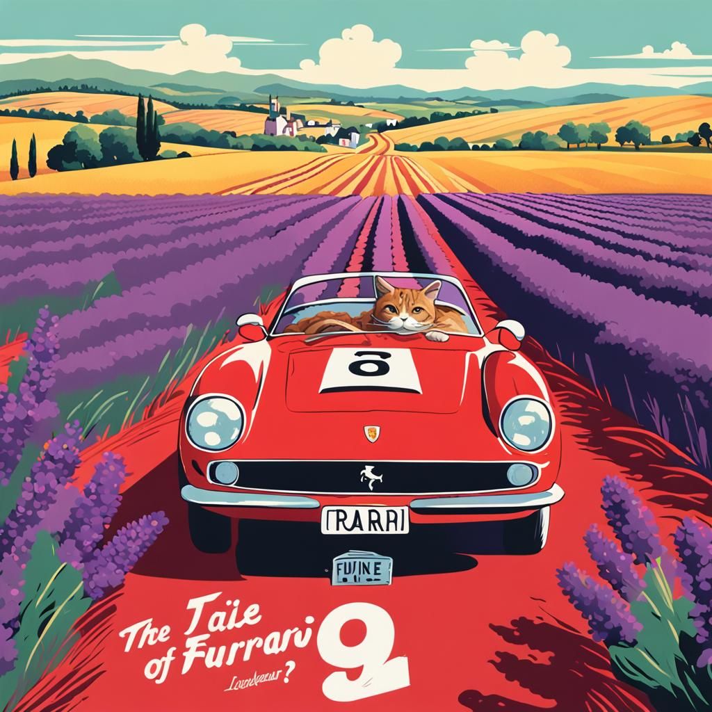 Anthropomorphic Cat Drives Ferrari: Movie Poster Art