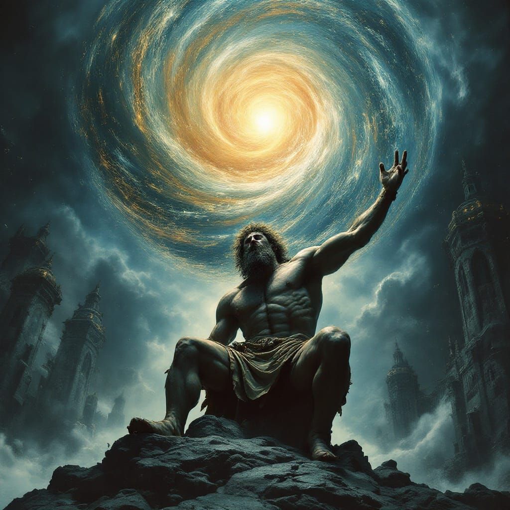 Atlas Burdened: Pointillist World in Gothic Art Deco Style