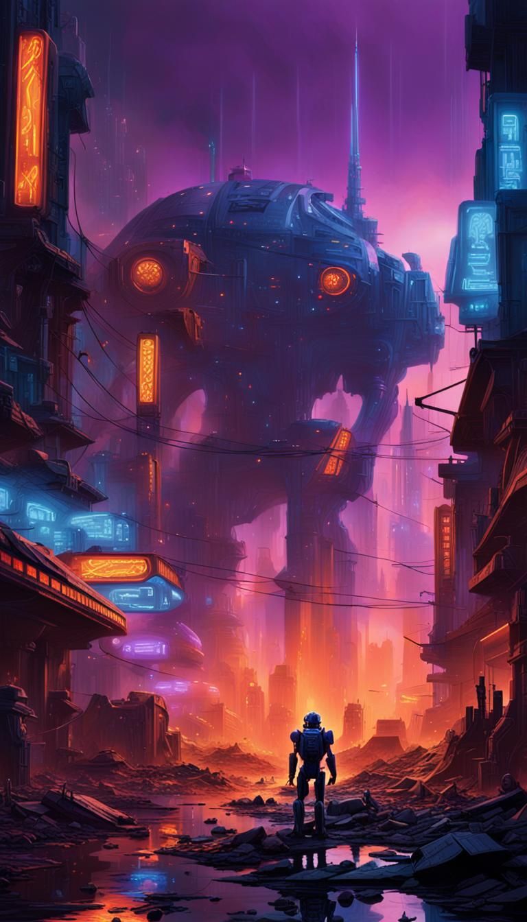 Futuristic City War Scene in Neon Style