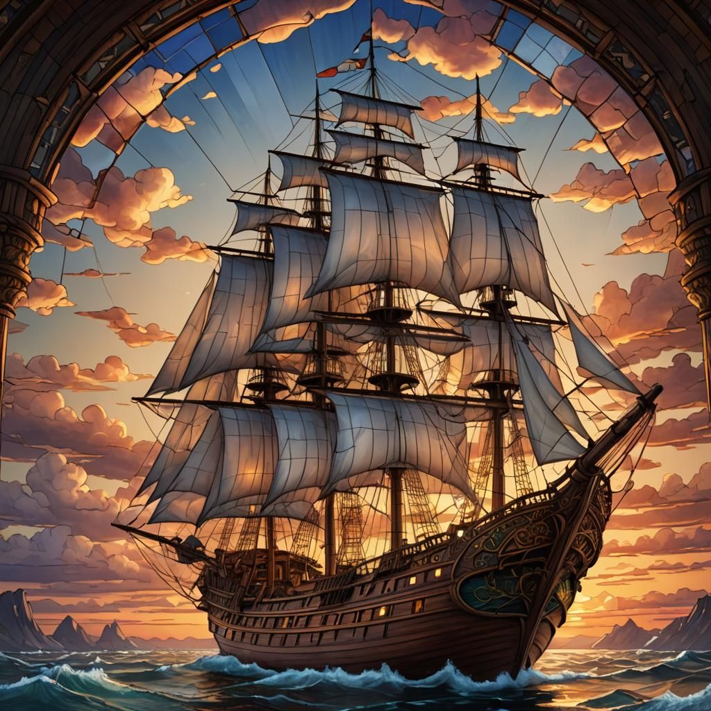 Stained Glass Sailing Ship at Sunset