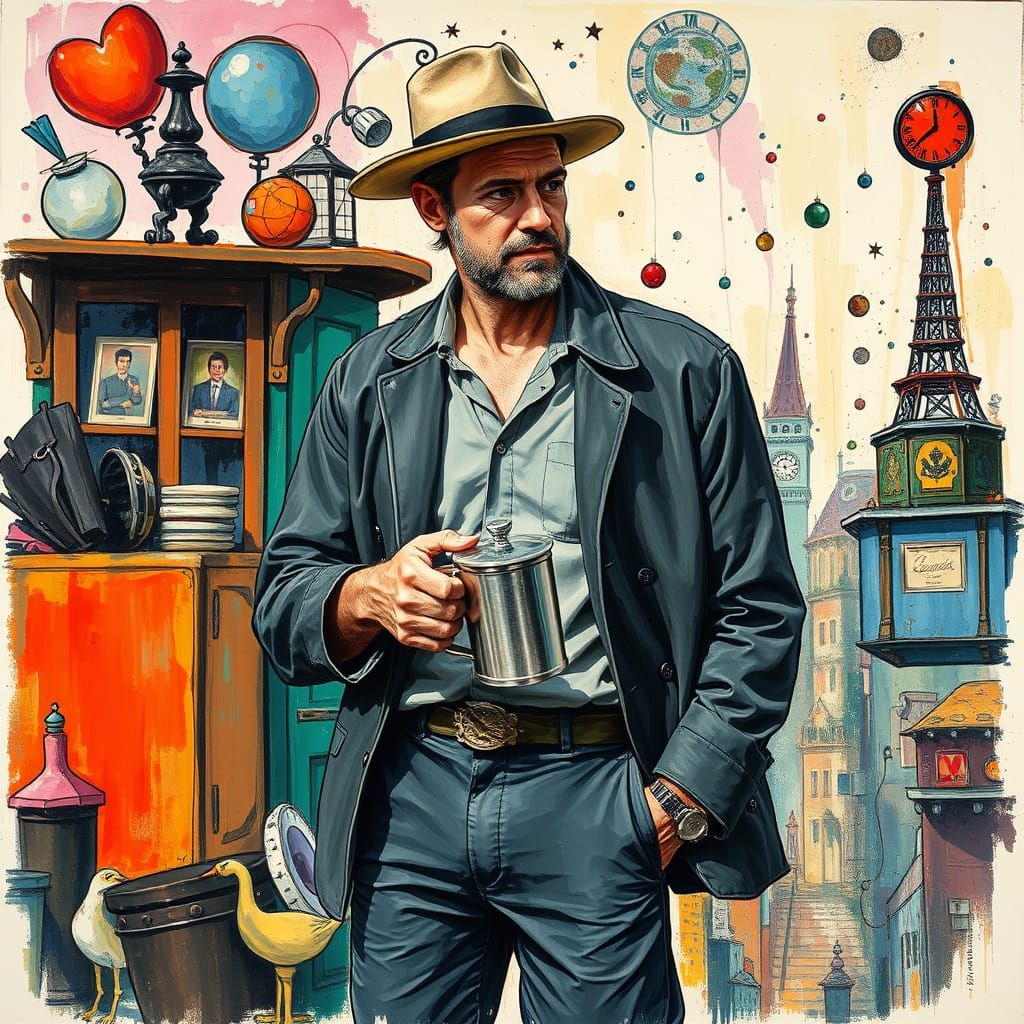 Man in Whimsical Gouache and Charcoal Drawing