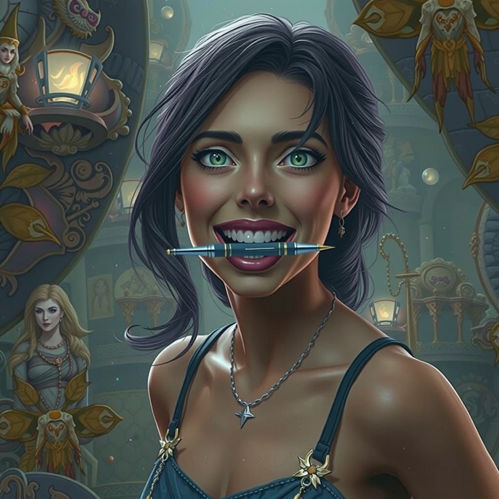 Elegant Fantasy Figure with Pen in Teeth on Rich, Detailed M...