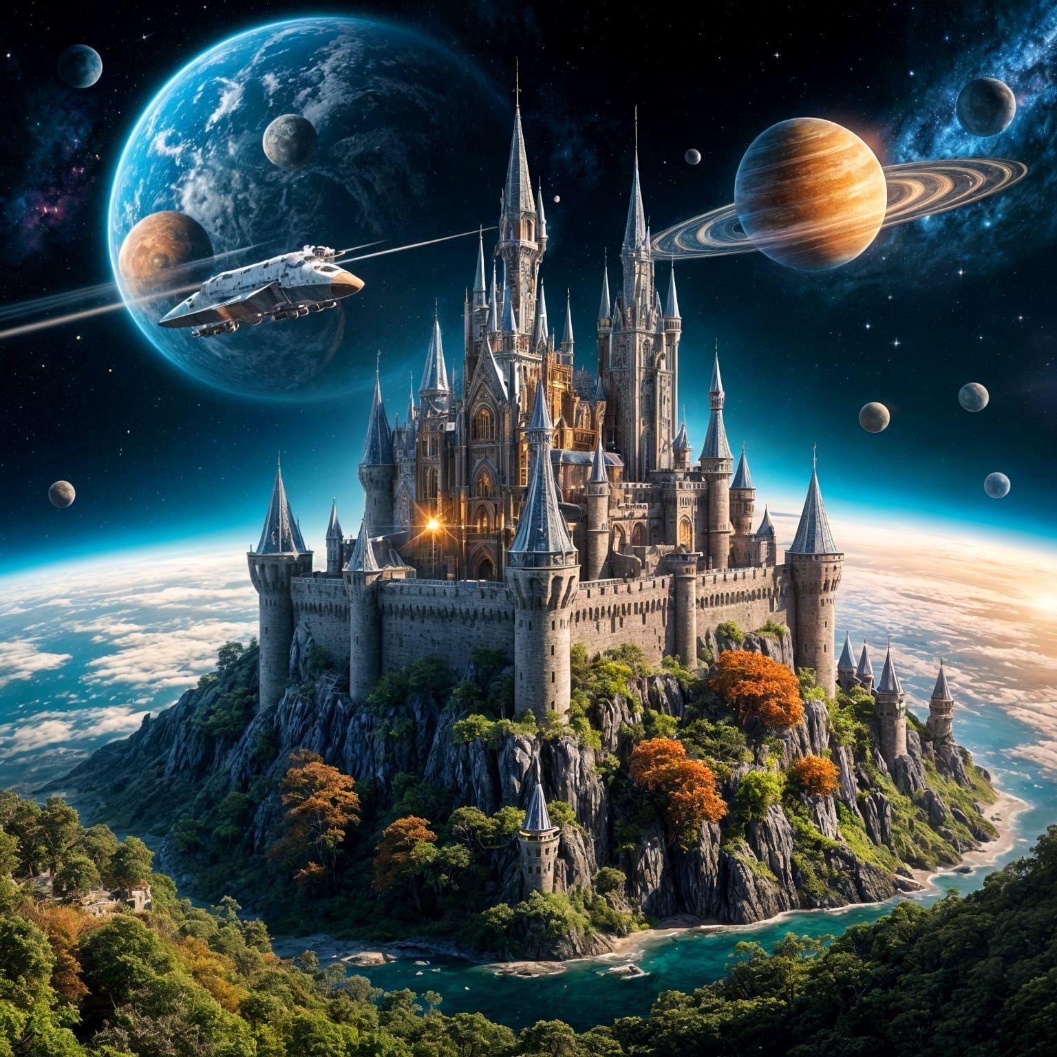 Epic Space Castle Amidst Galaxies and Rockets