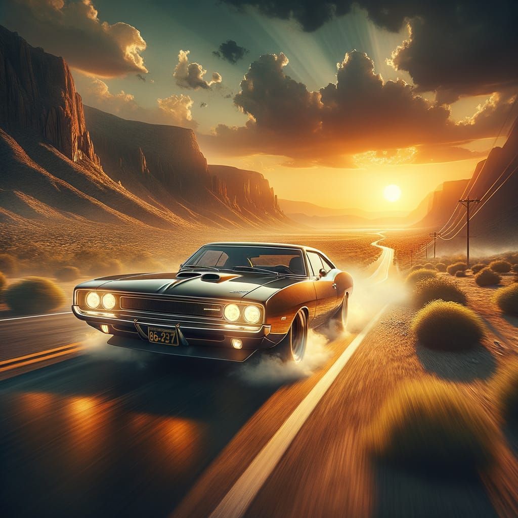 Vintage Muscle Car Races Desert Highway At Sunset