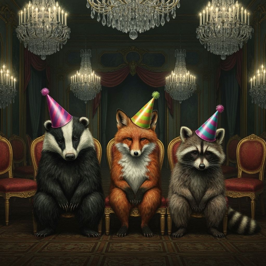 Dejected Animals in Opulent Ballroom Wearing Party Hats