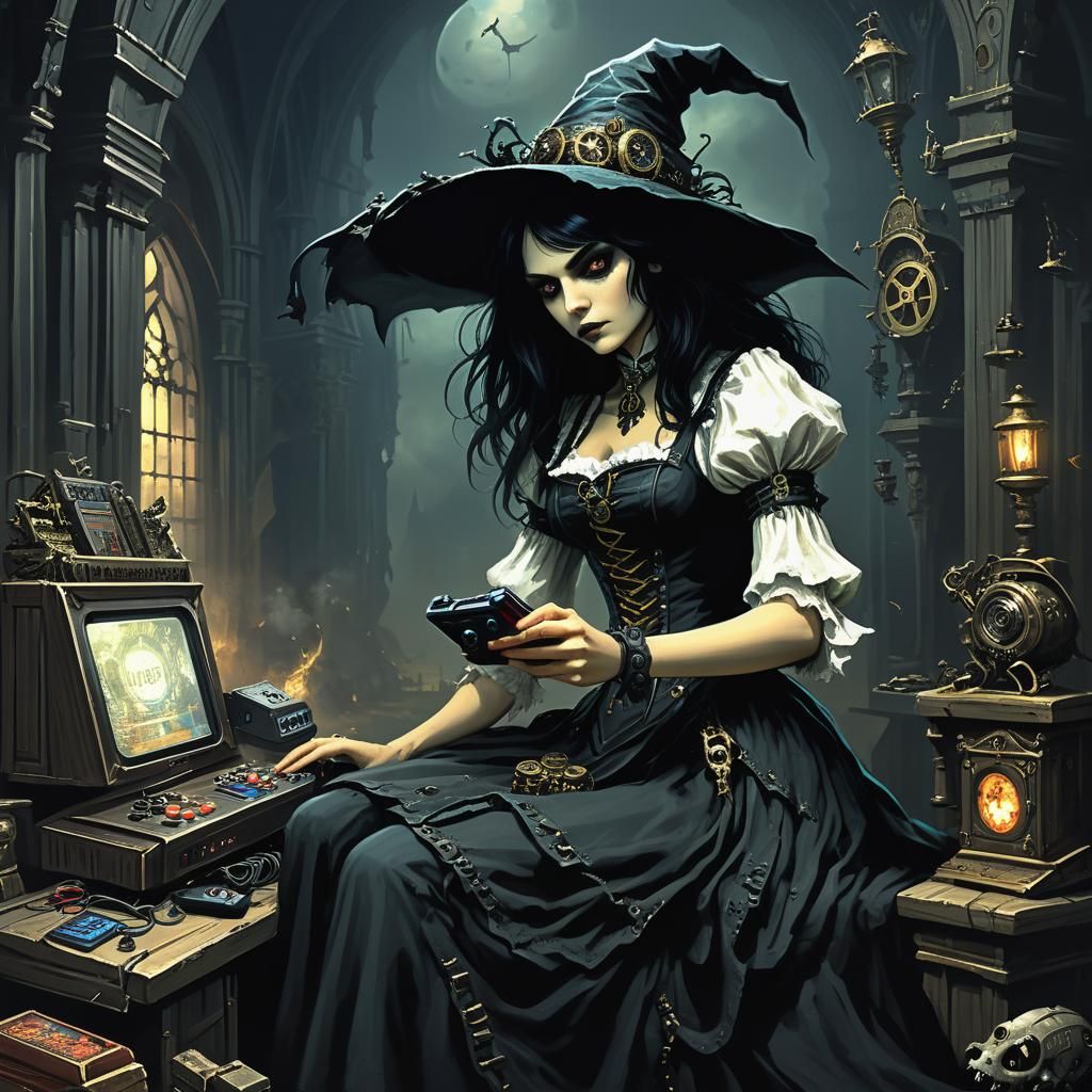 Gothic Steampunk Witch Gaming: Dark Fantasy Art