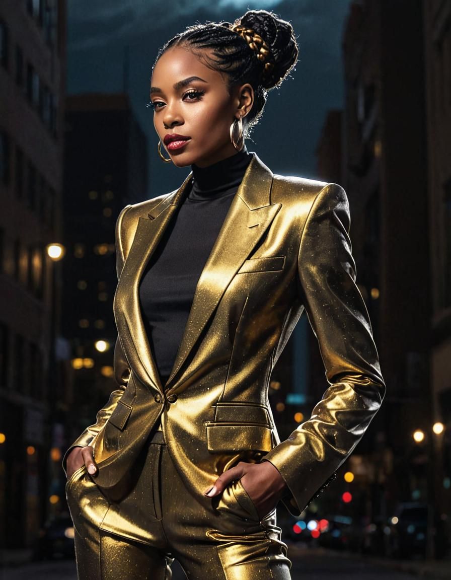 Mysterious Black Fashion Icon in Neon-Lit Cityscape