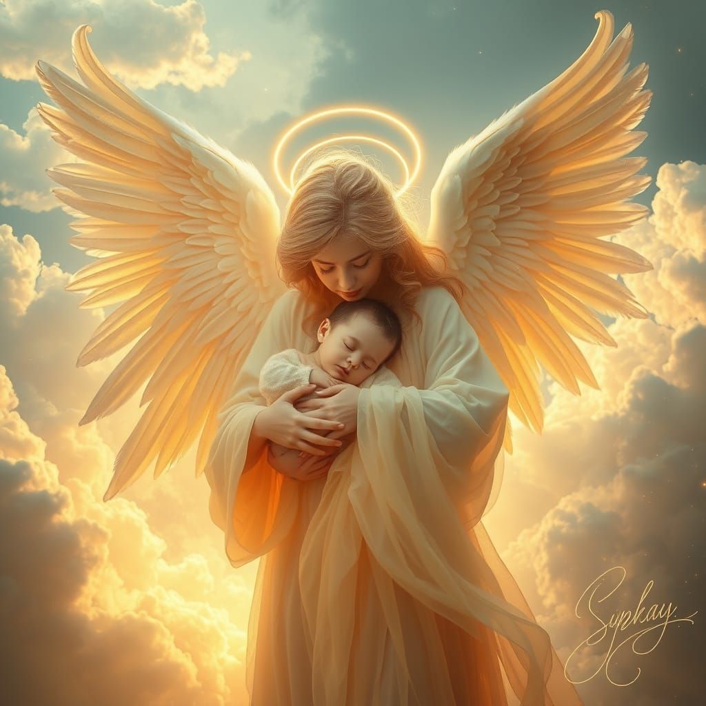 Angel Embraces Baby in Ethereal Digital Painting