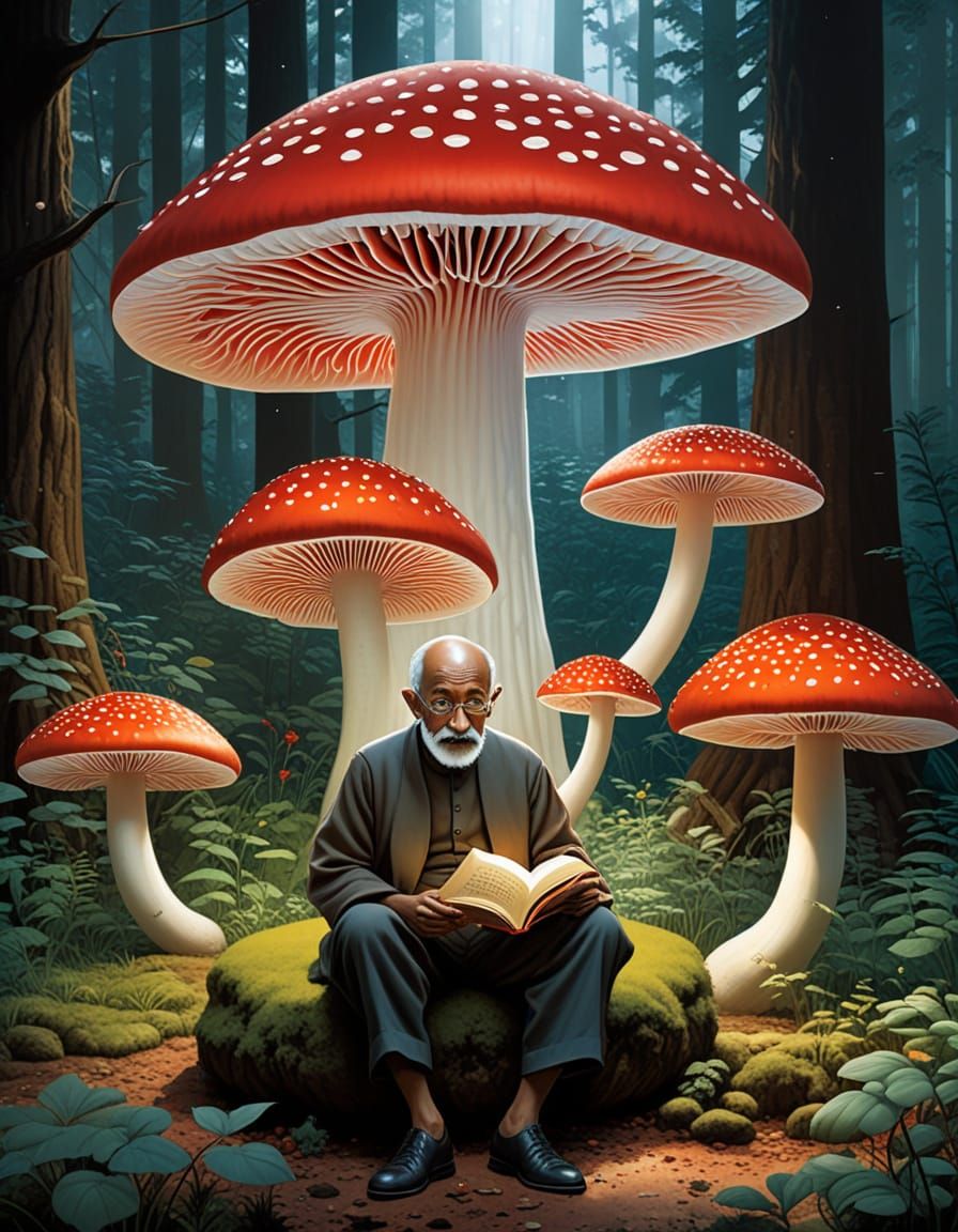 Gandhi Reads Under Giant Mushroom in Whimsical Art Deco Styl...