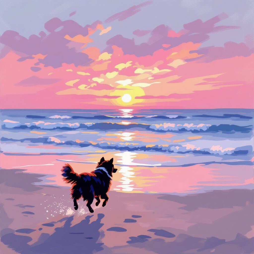 Dog on Beach at Sunset in Impressionist Style
