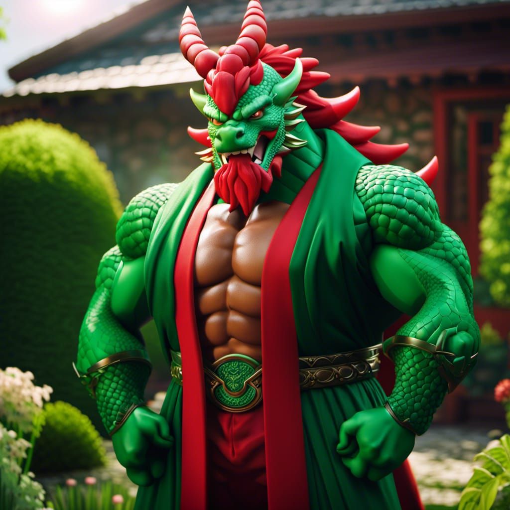 Wise Dragon Bodybuilder Flexing in Garden