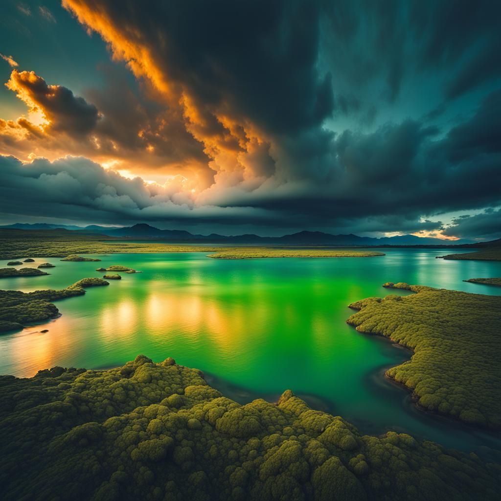 Stormy Lagoon Sunset: Hyperdetailed Golden Hour Photography