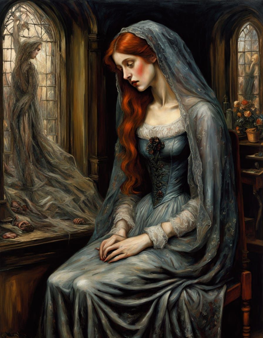 Melancholic Ghost Wandering a Decaying Victorian Mansion