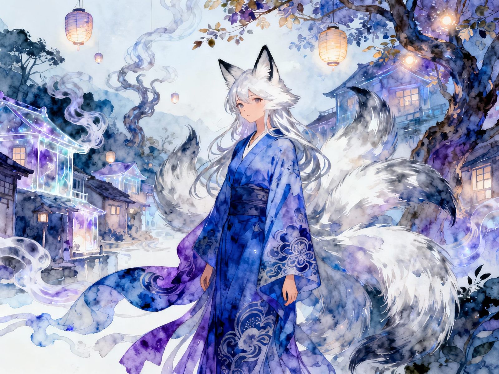 Whimsical Kitsune Woman in Surreal Village