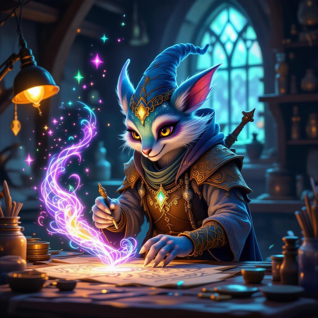 Concept art. Medium shot. A magical creature performs an int...