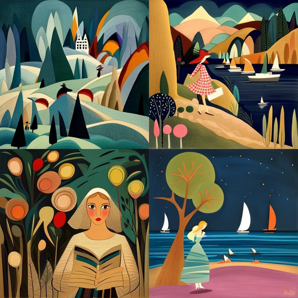 Whimsical Scene in Mid-Century Modern Style