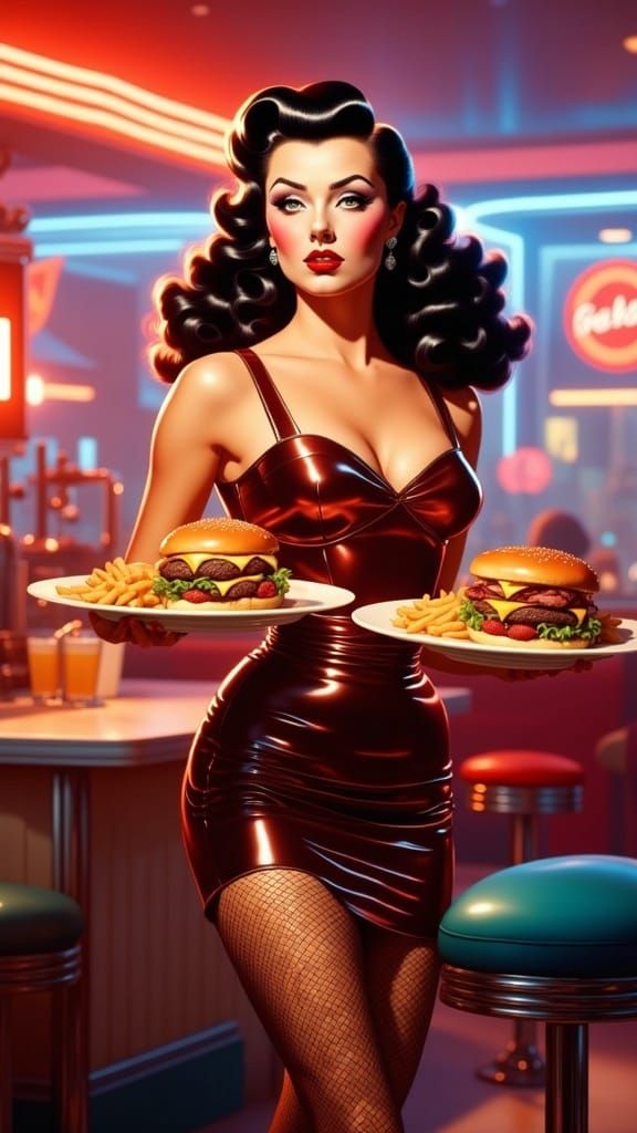 Vintage Pinup in 1950s Diner, Digital Art