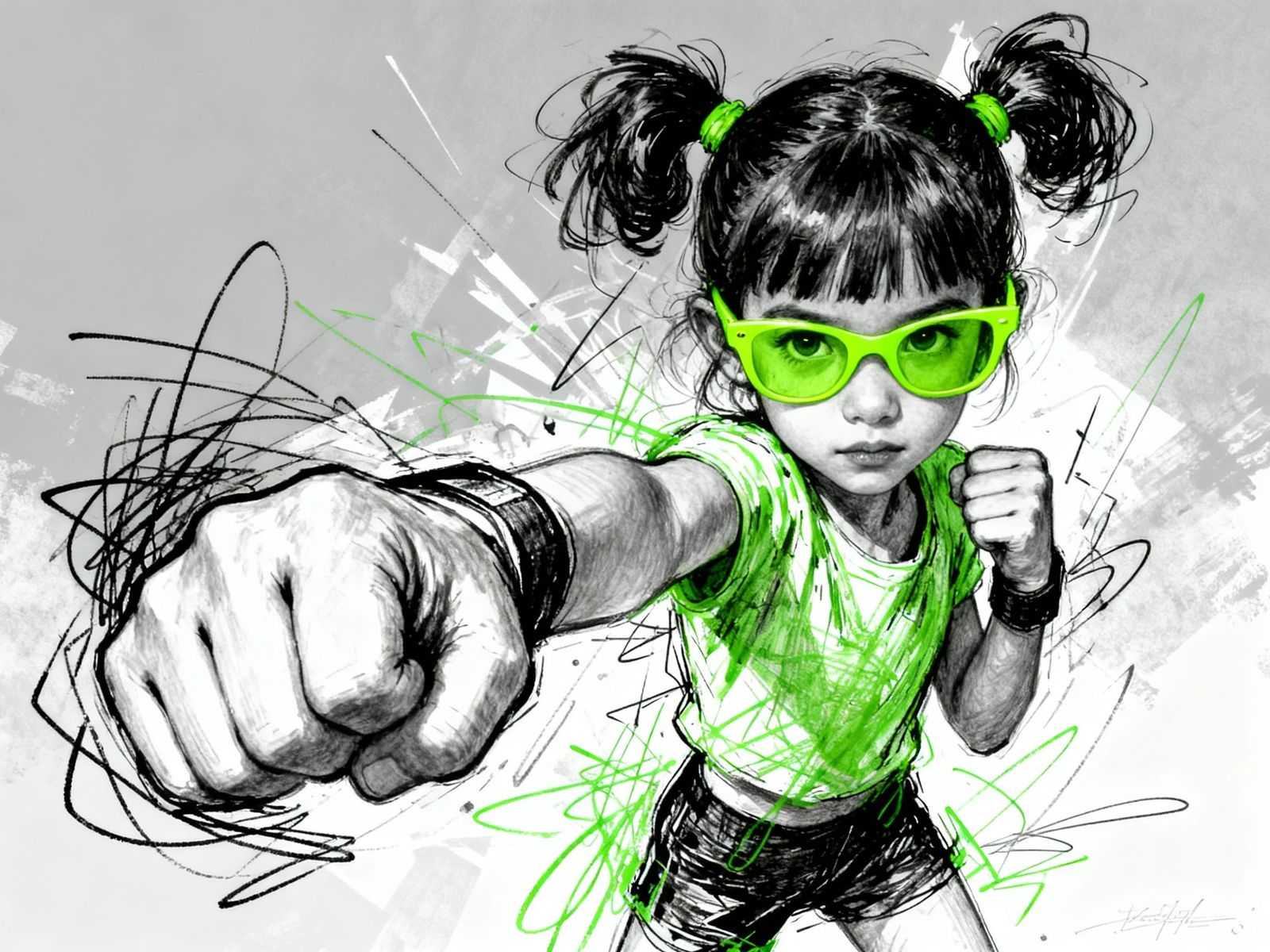 Energetic Girl with Neon Glasses Punches Viewer in Abstract ...
