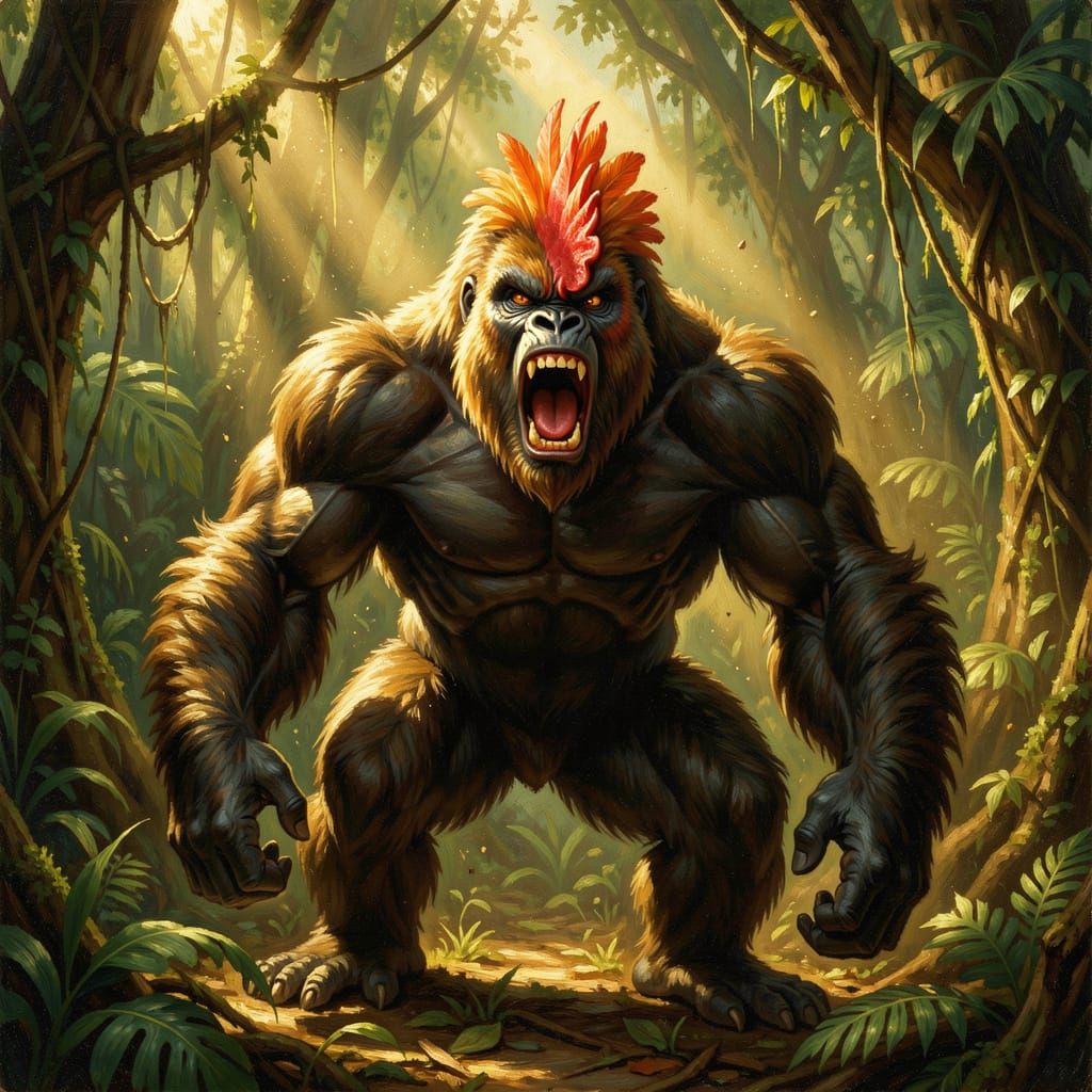 Enraged Gorilla with Chicken Head in Jungle Clearing