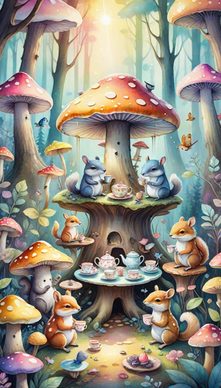 Whimsical Forest Tea Party in Watercolor Style