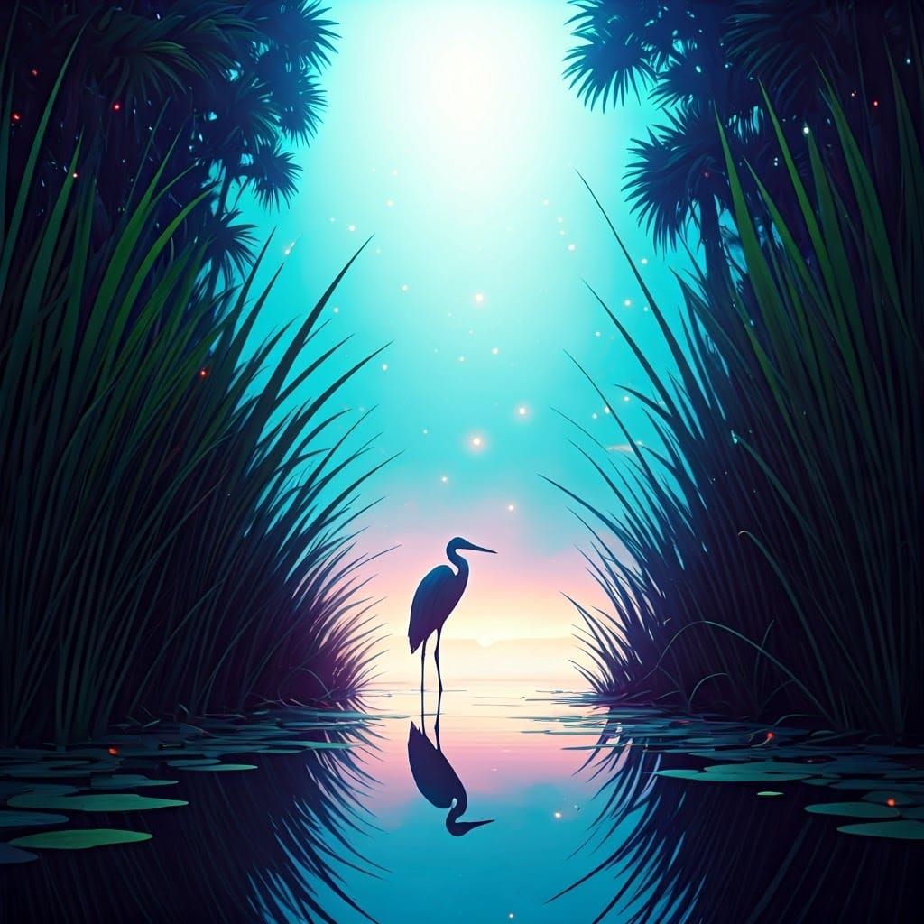 Ethereal Heron in the Florida Everglades Twilight