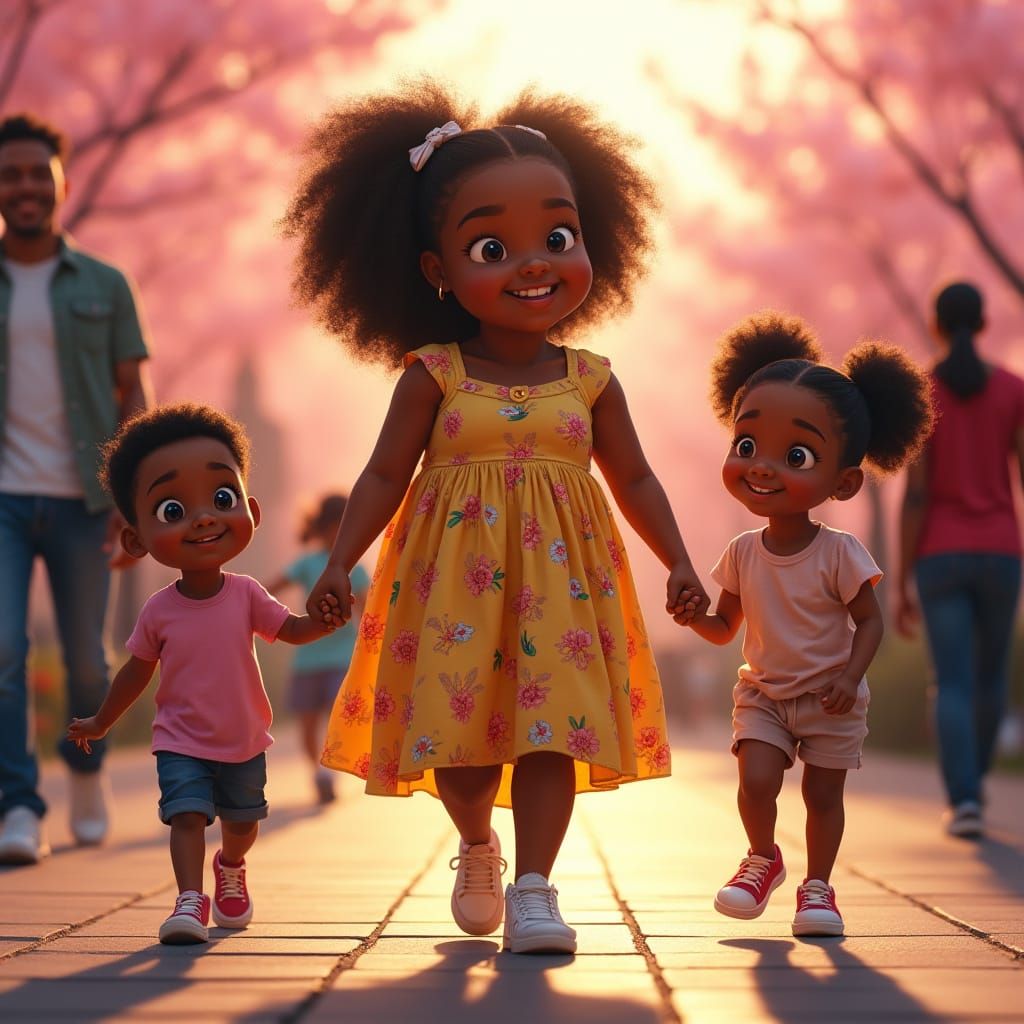 Joyful Black Teen Strolls through Vibrant Cherry Blossoms Fe...