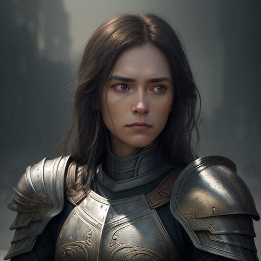 Determined Lady in Armor Close-Up Portrait