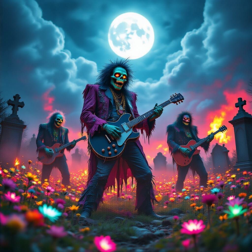 Monster Rock Band Concert in Graveyard, Hyperrealistic Style