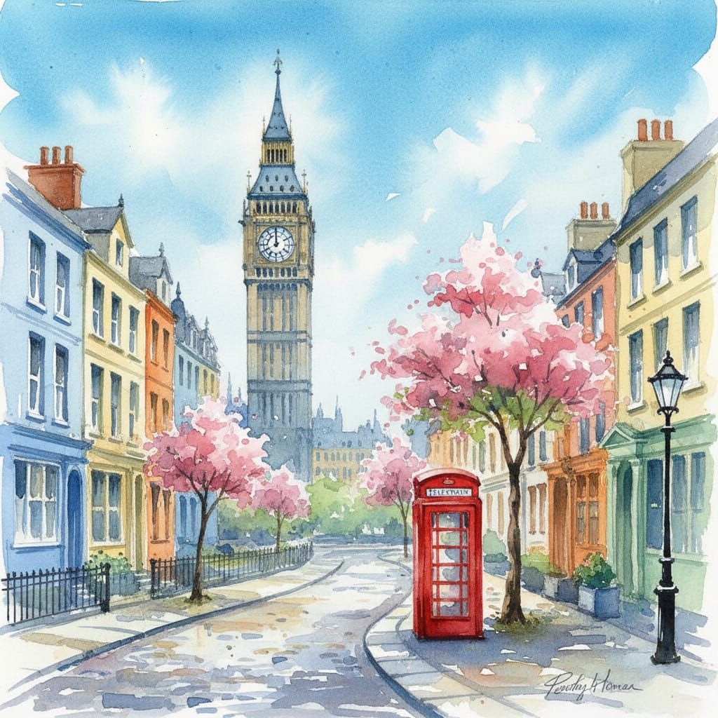 Vibrant Watercolor of London Street with Big Ben and Red Boo...