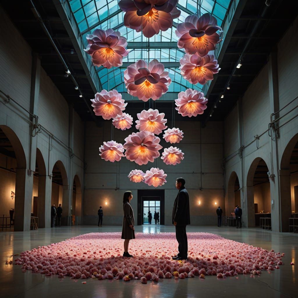 Biomorphic Flower Chandeliers in Industrial Building, Hyperr...