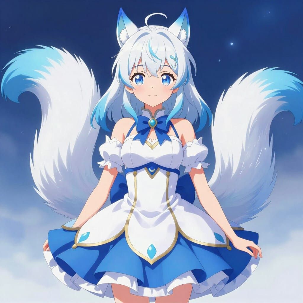 Magical Girl with Blue-Tipped Squirrel Ears and Tail