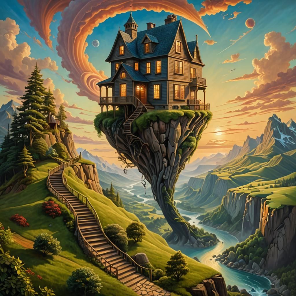 Giant Hand Holding Tiny House: Surrealist Mixed Media