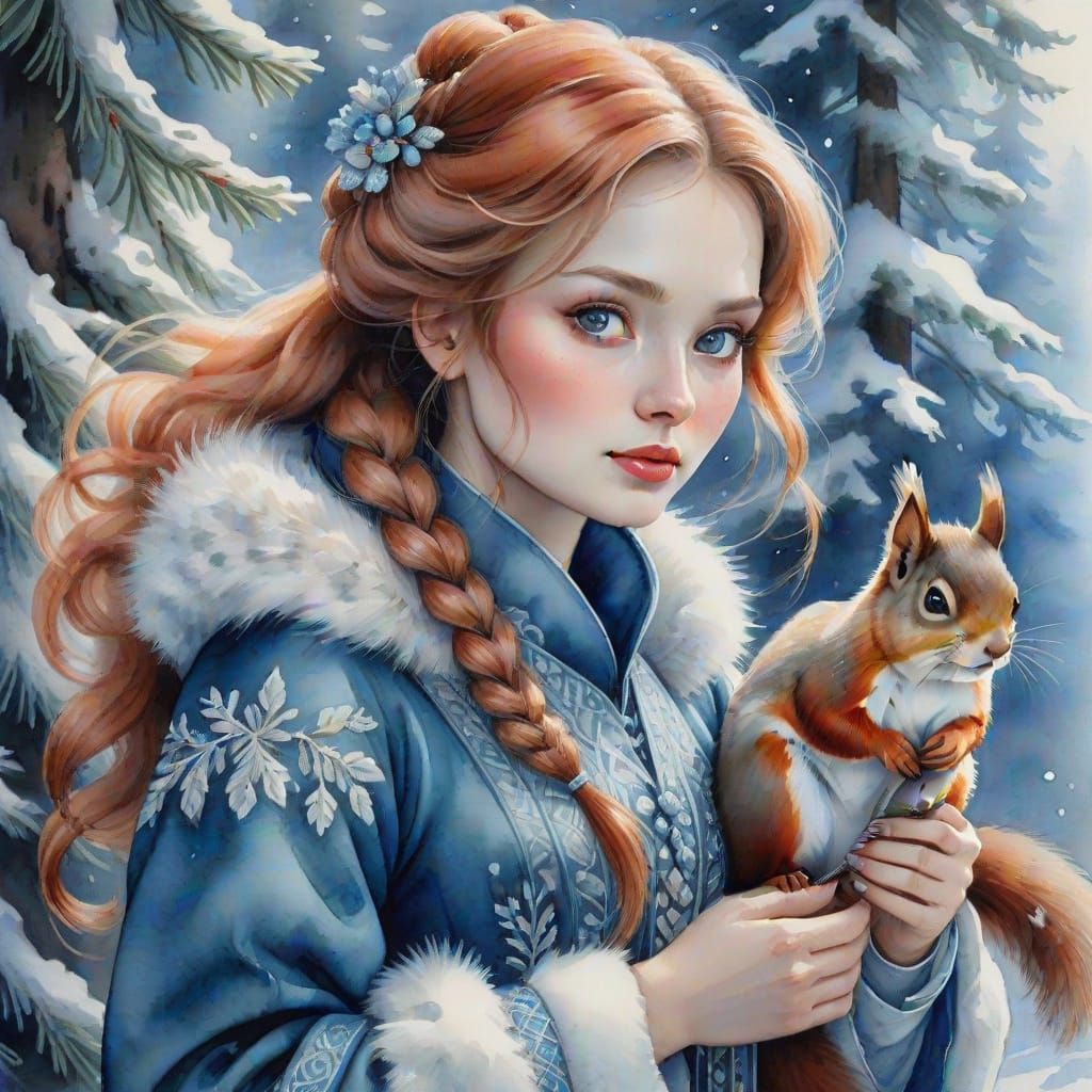 Snow Maiden in Blue Coat Beside Spruce Tree