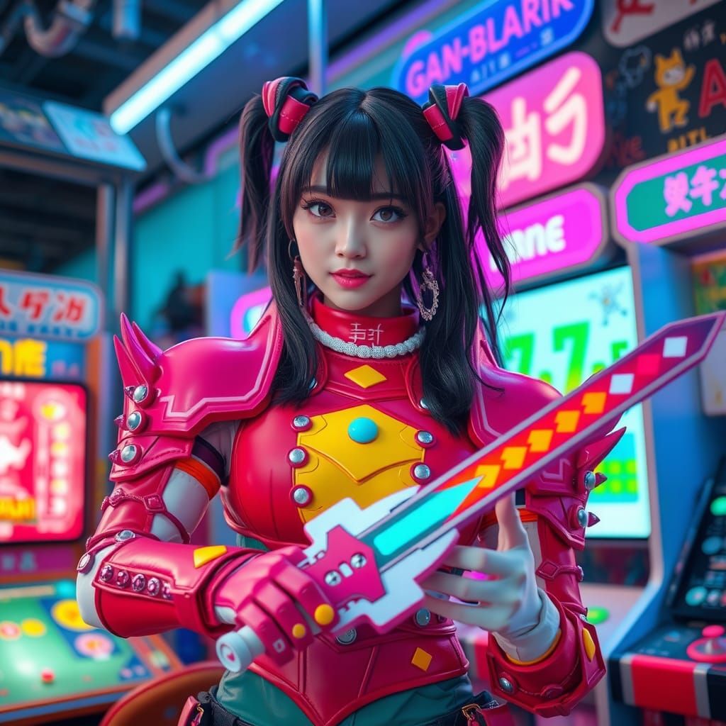 Retro-Punk Girl in Neon Arcade with Pixelated Sword