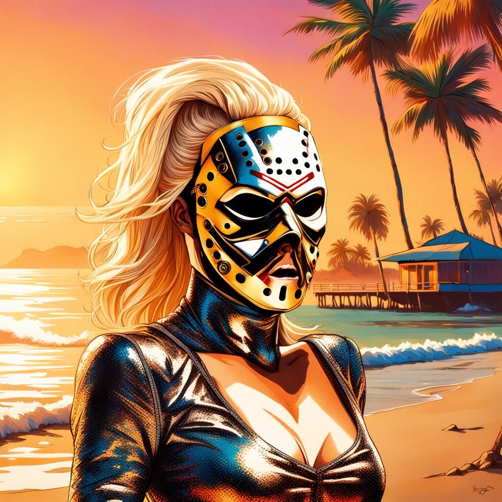 Pamela Anderson as Jason Voorhees on Baywatch Beach