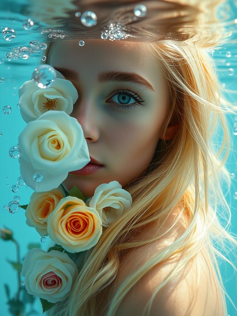 Woman in Water with Roses, Dreamlike 8K Portrait