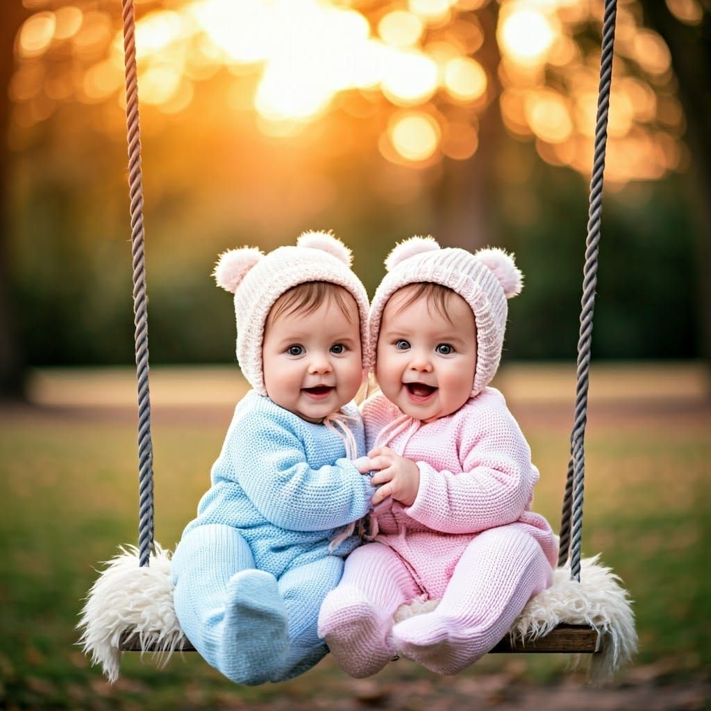 Twin Girls Swing Together in Warm Sunset Glow