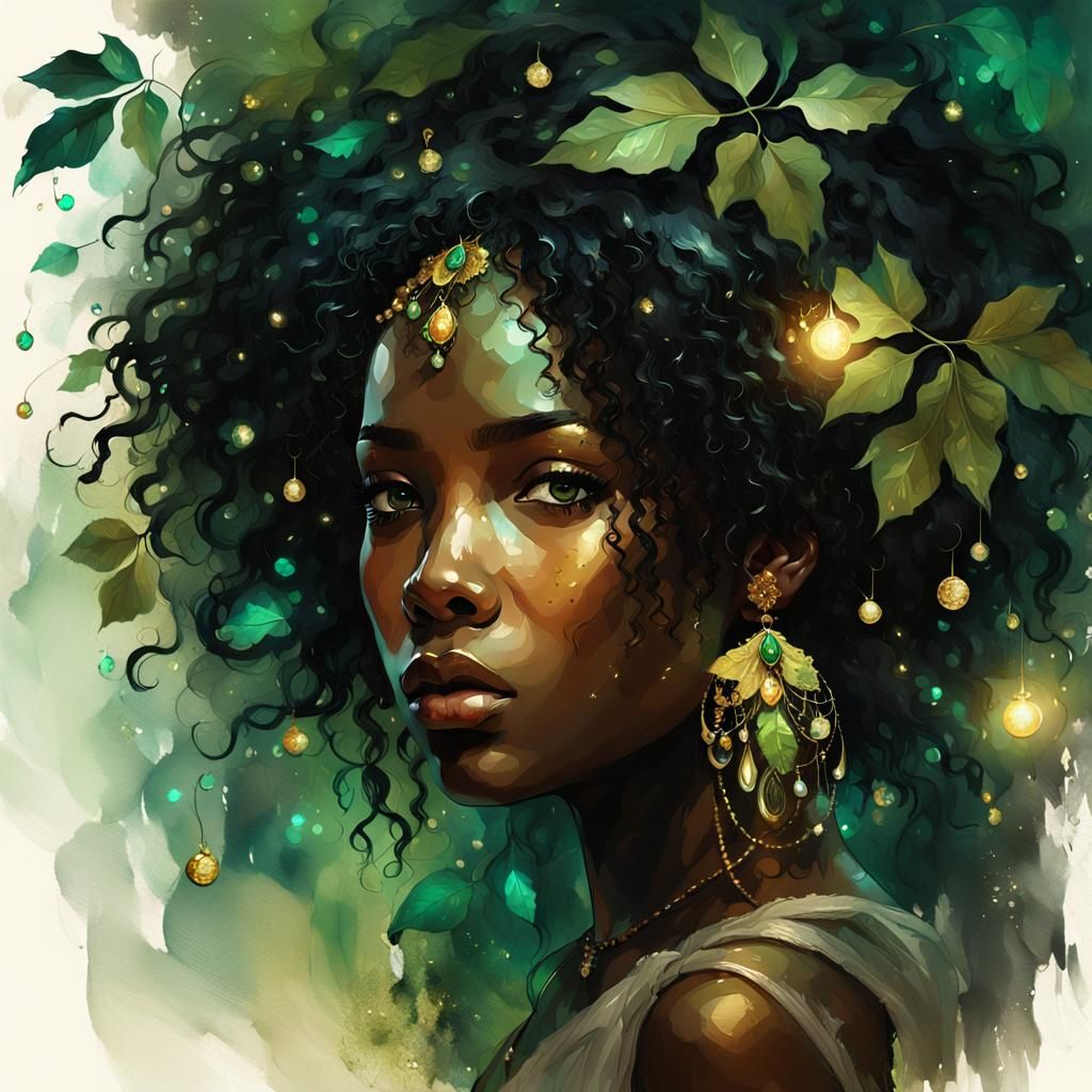 Fantasy Portrait with Leaves and Emerald Eyes