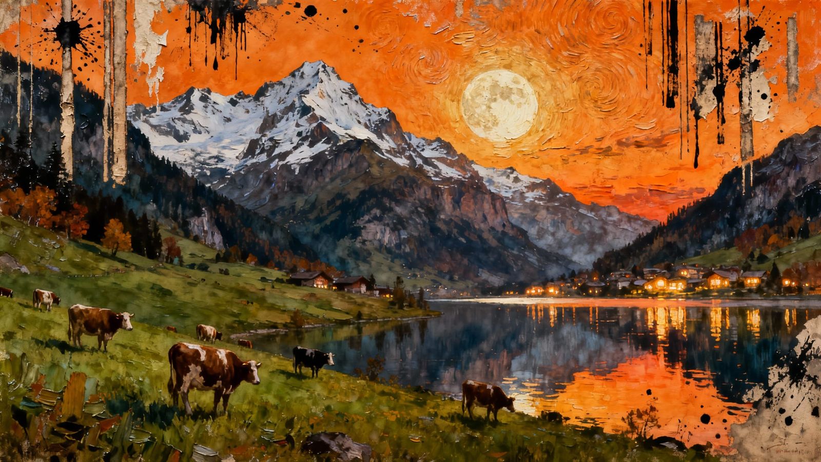 Fantasy Swiss Alps Landscape with Grazing Cows at Sunset