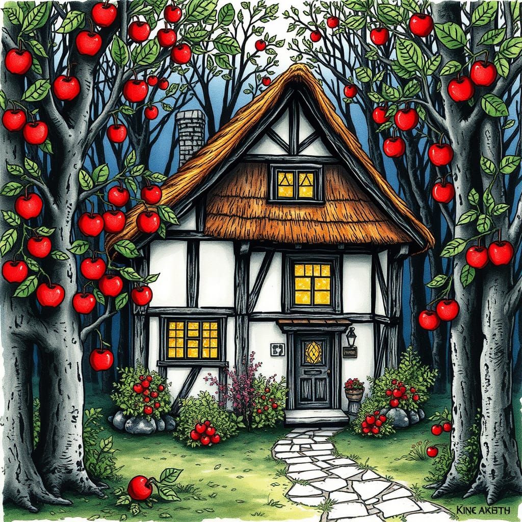 Vintage Cottage in Apple Forest, Ink Drawing Style