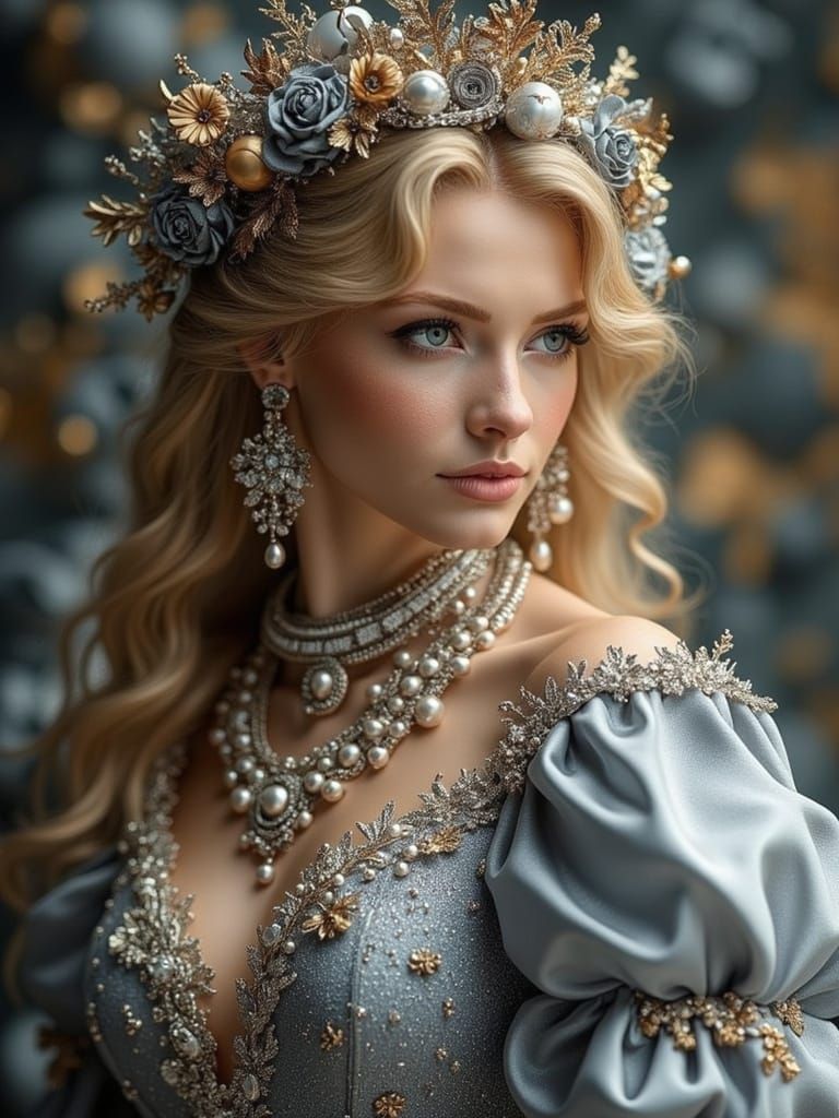 Milady de Winter in Baroque Silver-Grey Satin Dress with Pea...