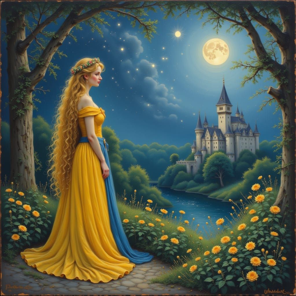 Princess in Yellow and Blue Gown at Moonlit Castle Garden