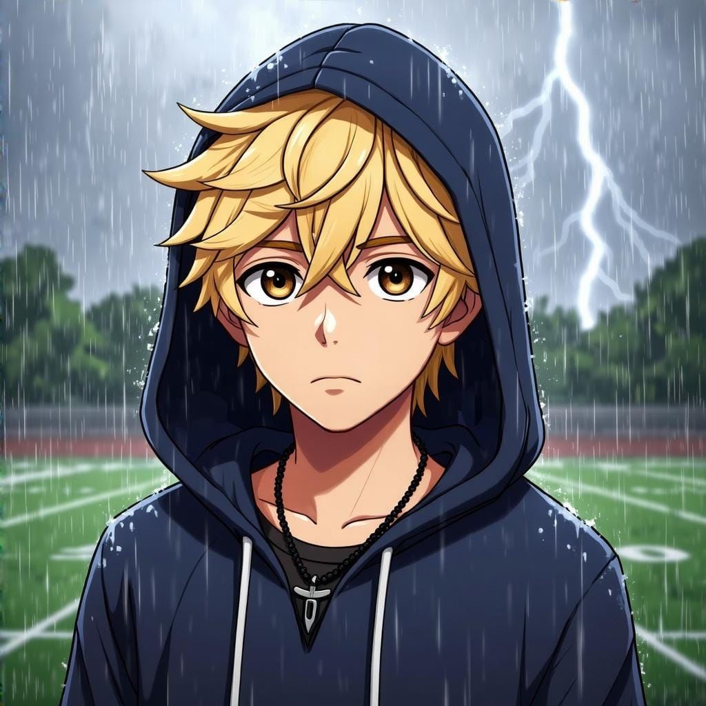 Mysterious Teenage Boy in a Stormy Football Field