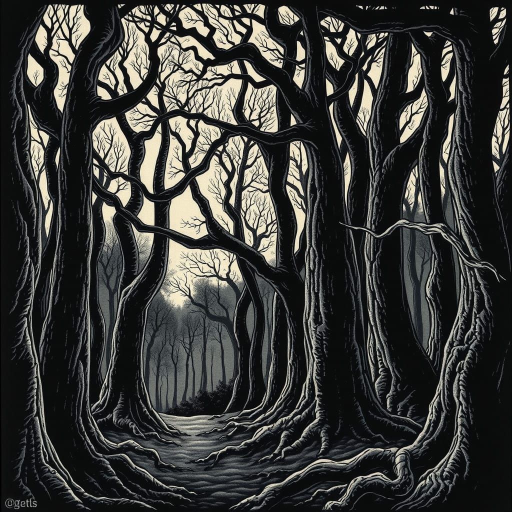 Medieval European Forest in Inky Woodcut Style