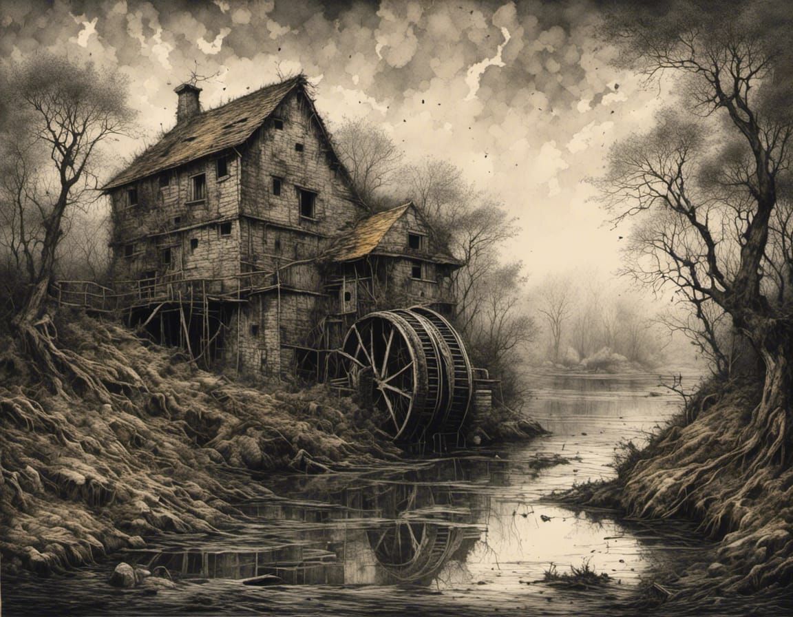 Atmospheric River Mill in Detailed Etching Style