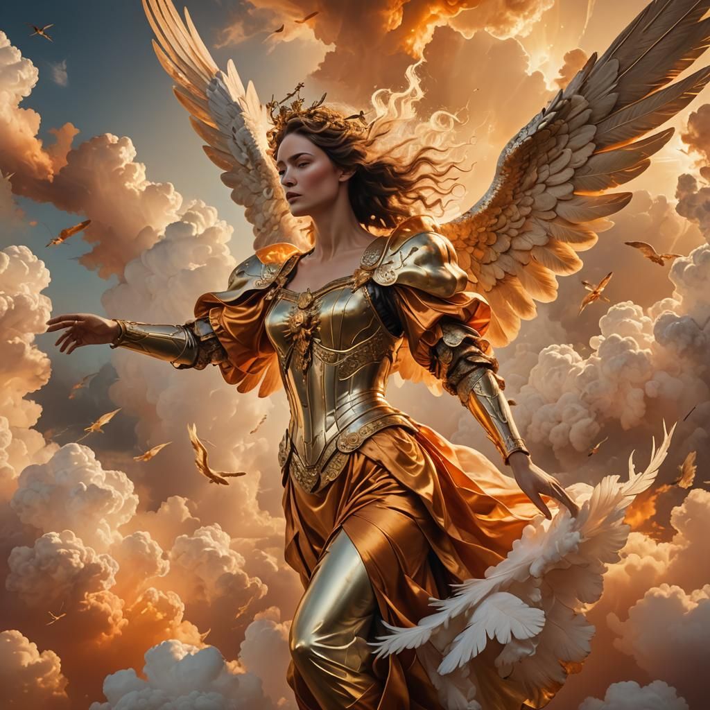 Archangel in Flight Amidst Towering Clouds